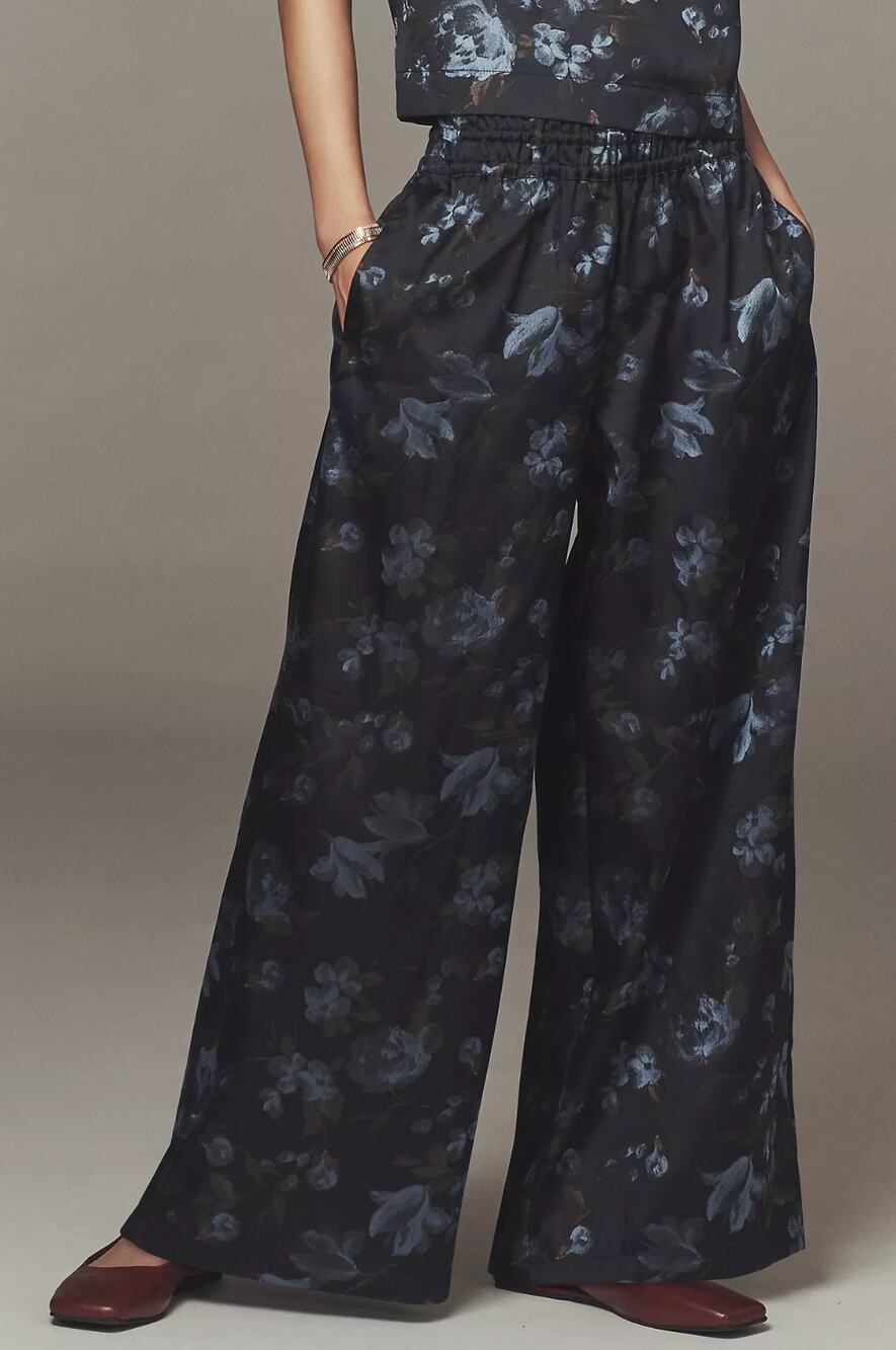 Anthropologie Pants L The Somerset Navy Jacquard Floral Pull-On Wide Leg Palazzo